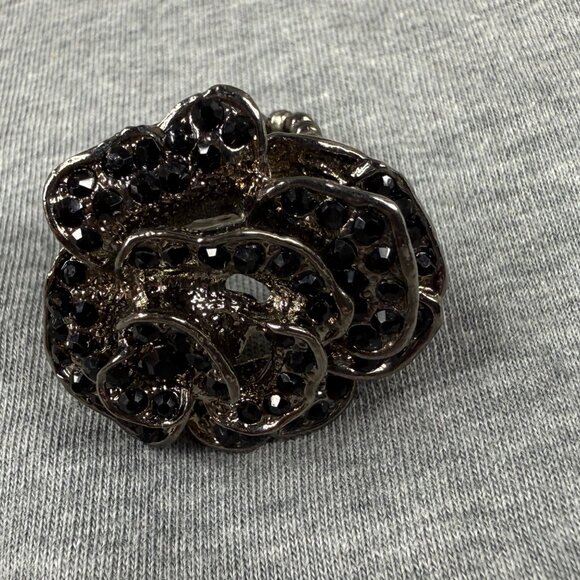 Adjustable Black Rhinestone Rose Flower Ring With Stretch Band Size 9 Women - Picture 8 of 16